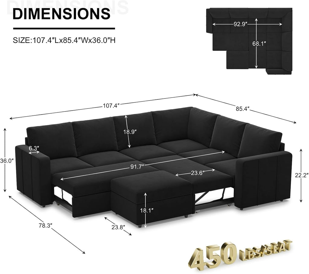 Belffin Modular Sectional Sleeper Couch with Pull Out Sofa Bed Velvet Convertible L Shaped Sectional Sofa with Storage Ottoman for Living Room Black