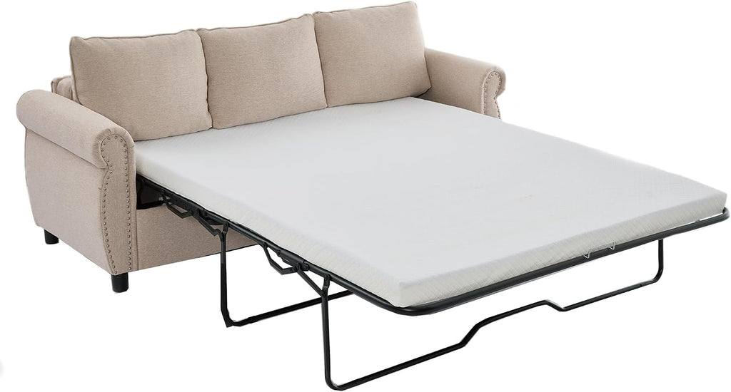 81.5'' Pull Out Couch Queen Size, Convertible Sleeper Sofa Bed, Upholstered Linen 3-Seater Sofa with Pull Out Bed, Mattress, Rivet, Deep Couches for Living Room, Apartment, Beige