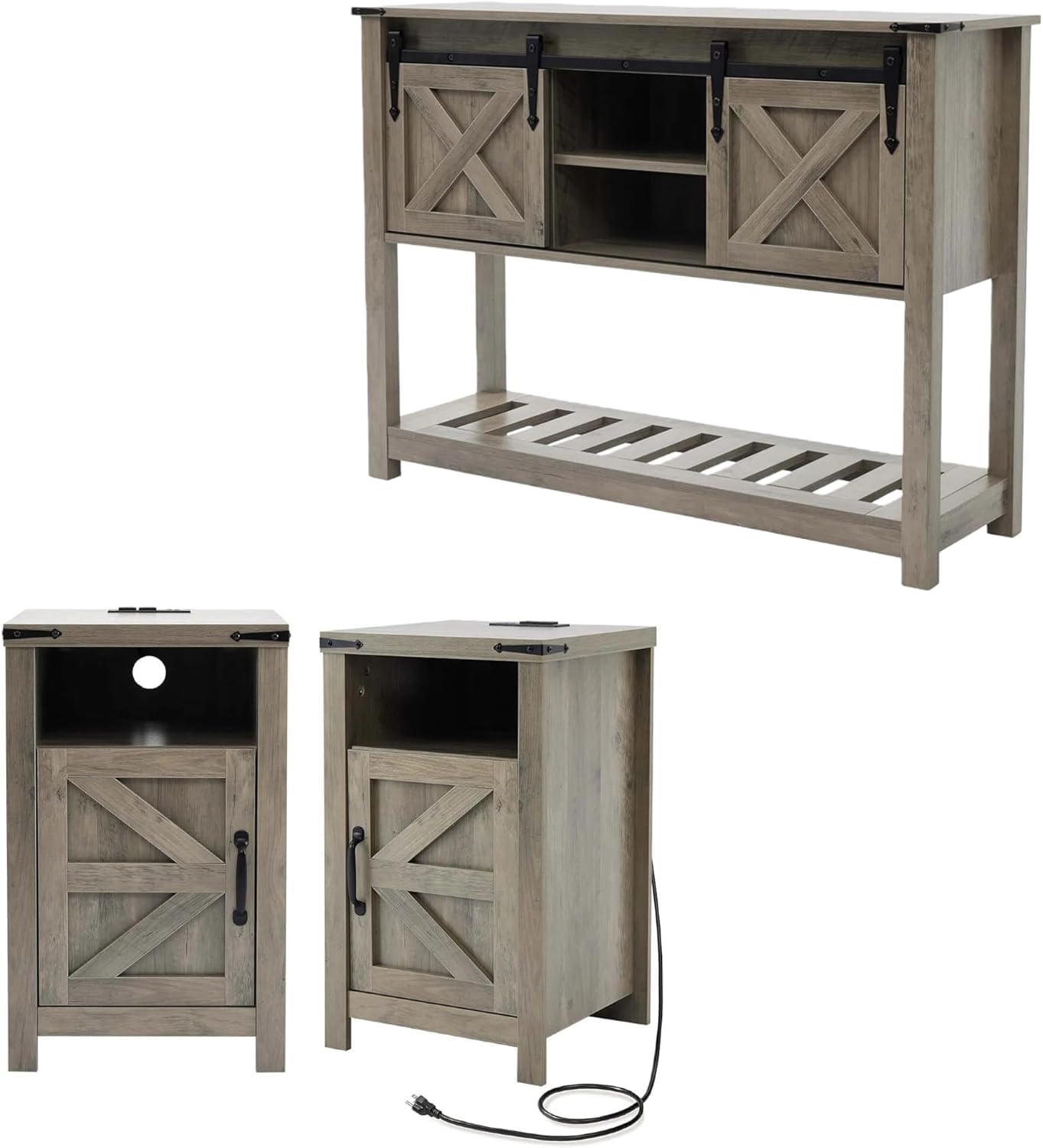 Farmhouse Entryway Table Set of 3, Console Table with Storage and 2 End Tables, Rustic Sofa Table Set for Living Room, Hallway, Bedroom, Grey