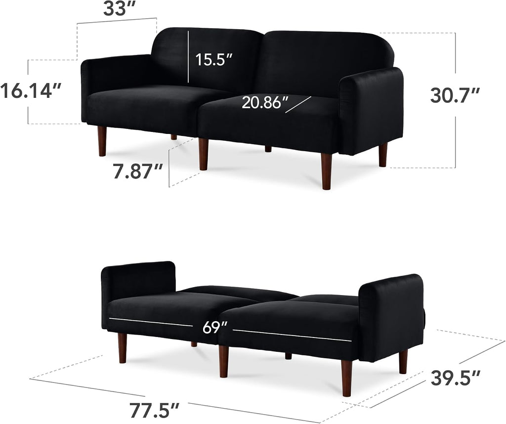 Best Choice Products 77' Mid Century Modern Velvet Loveseat Sofa, Couch, Convertible Sofa Sleeper Bed w/Real Wood, Removable Armrest - Onyx Black