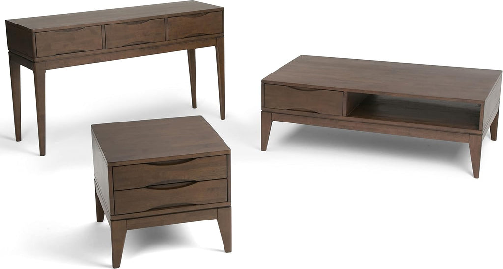 SIMPLIHOME Harper Console Table - 54 Inch Wide Solid Hardwood Sofa Table in Walnut Brown, Mid-Century Modern Storage Table for Entryway or Living Room with 3 Drawers, Notched Handles, and Tapered Legs