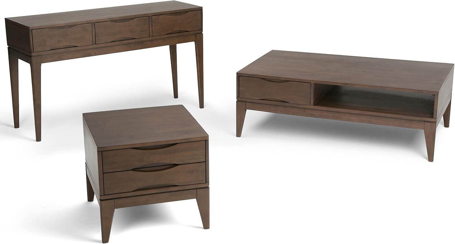 SIMPLIHOME Harper Console Table - 54 Inch Wide Solid Hardwood Sofa Table in Walnut Brown, Mid-Century Modern Storage Table for Entryway or Living Room with 3 Drawers, Notched Handles, and Tapered Legs