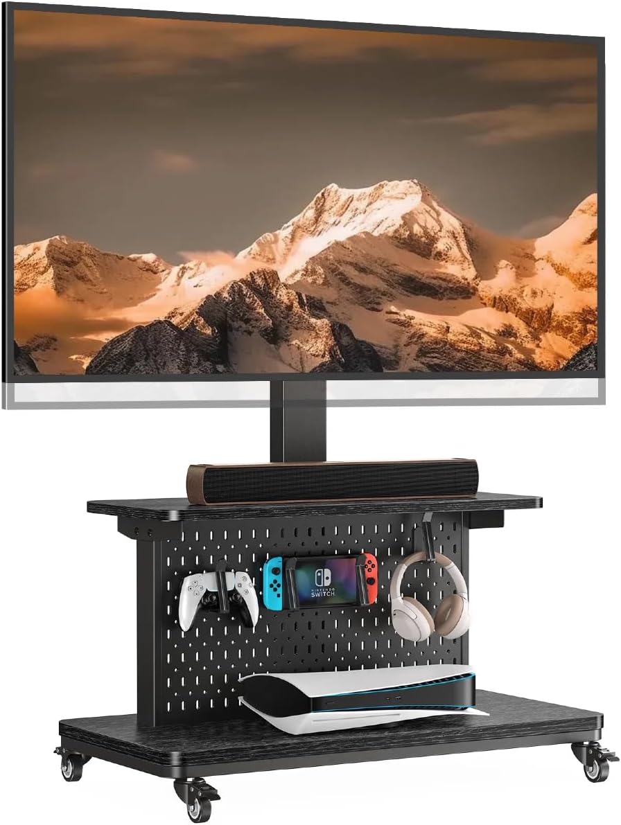 Perlegear Motorized Mobile TV Stand on Wheels, Electric Height Adjustable TV Cart for 32-80″ TVs up to 100 lbs, Rolling TV Stand with Remote Control, 4 Height Memory, ±35° Swivel with Pegboard Storage
