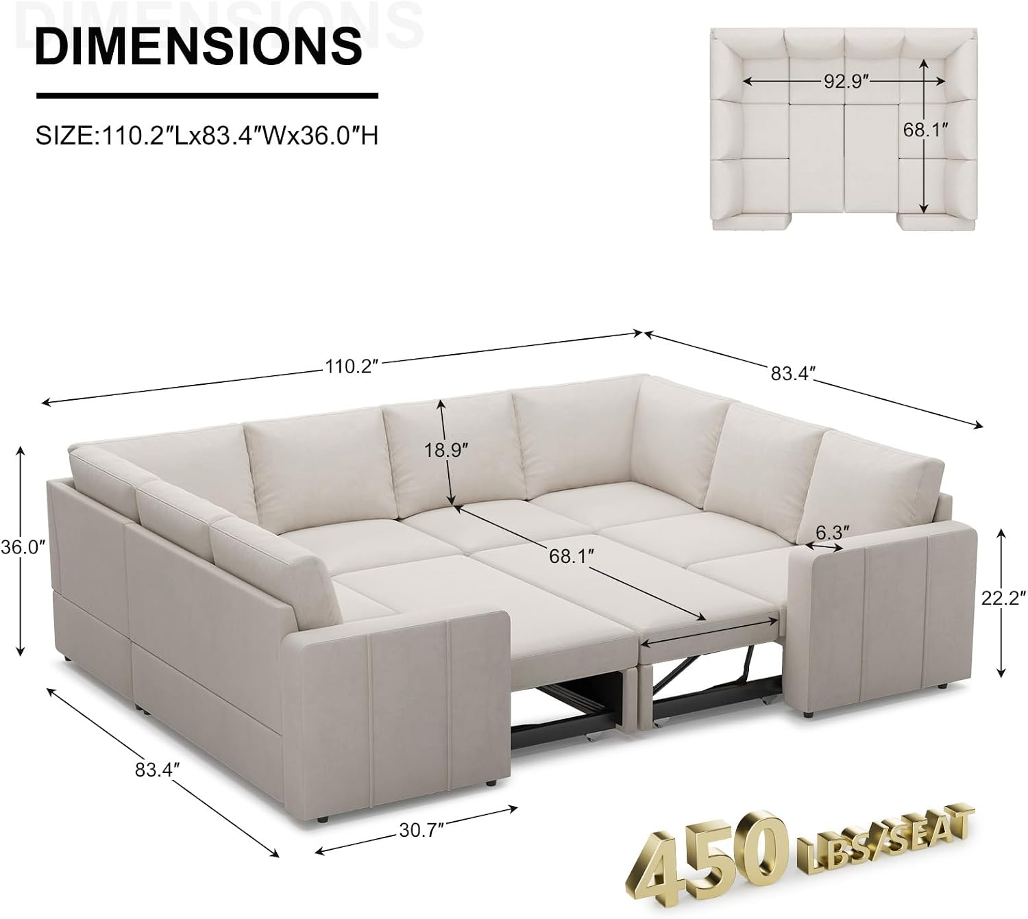 Belffin Modular Sectional Sleeper Sofa Bed with Pull Out Couch, Oversized U Shaped Modular Sleeper Couch with Double Pull Out Bed, Convertible Sectional Couches for Living Room, Beige