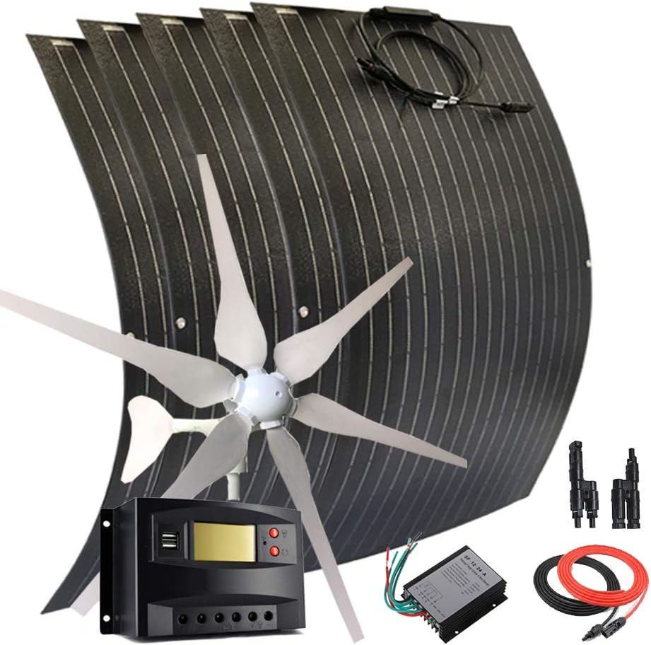 900W 12V Wind Turbine Generator Solar Panel Kit for Boat:400W Windmill/5pcs 100W etfe Flexible Solar Panels Monocrystalline/50A Charge Controller/Cables/Connector