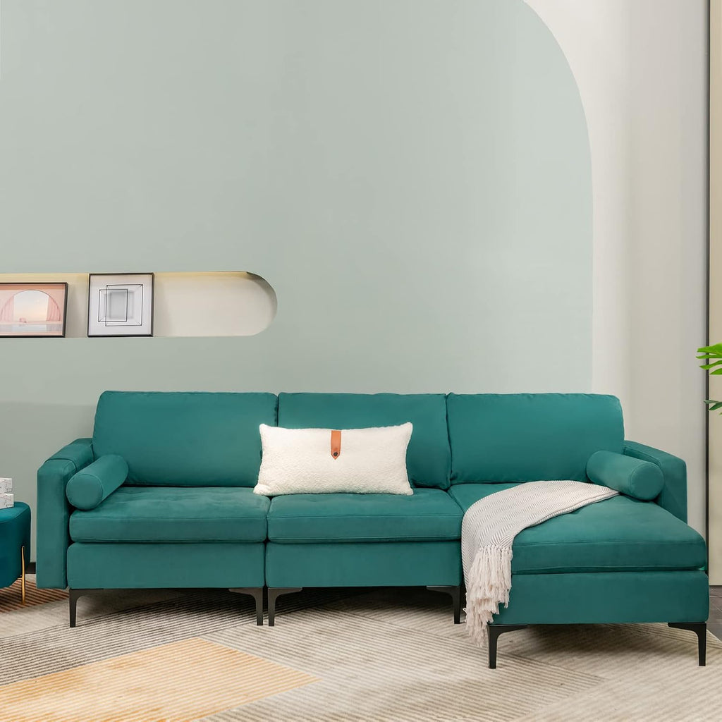 Giantex 97' Couch, Sectional Sofa, L-Shaped Modular Sleeper with Convertible Chaise Lounge, USB Ports, 3-Hole Socket, Hidden Storage Box, 2 Bolsters, Family Apartment Living Room Bedroom Office (Teal)