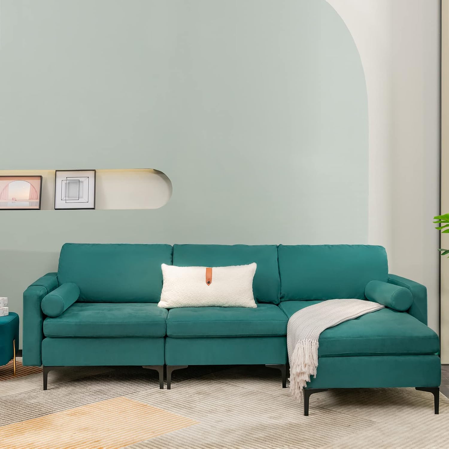 Giantex 97' Couch, Sectional Sofa, L-Shaped Modular Sleeper with Convertible Chaise Lounge, USB Ports, 3-Hole Socket, Hidden Storage Box, 2 Bolsters, Family Apartment Living Room Bedroom Office (Teal)