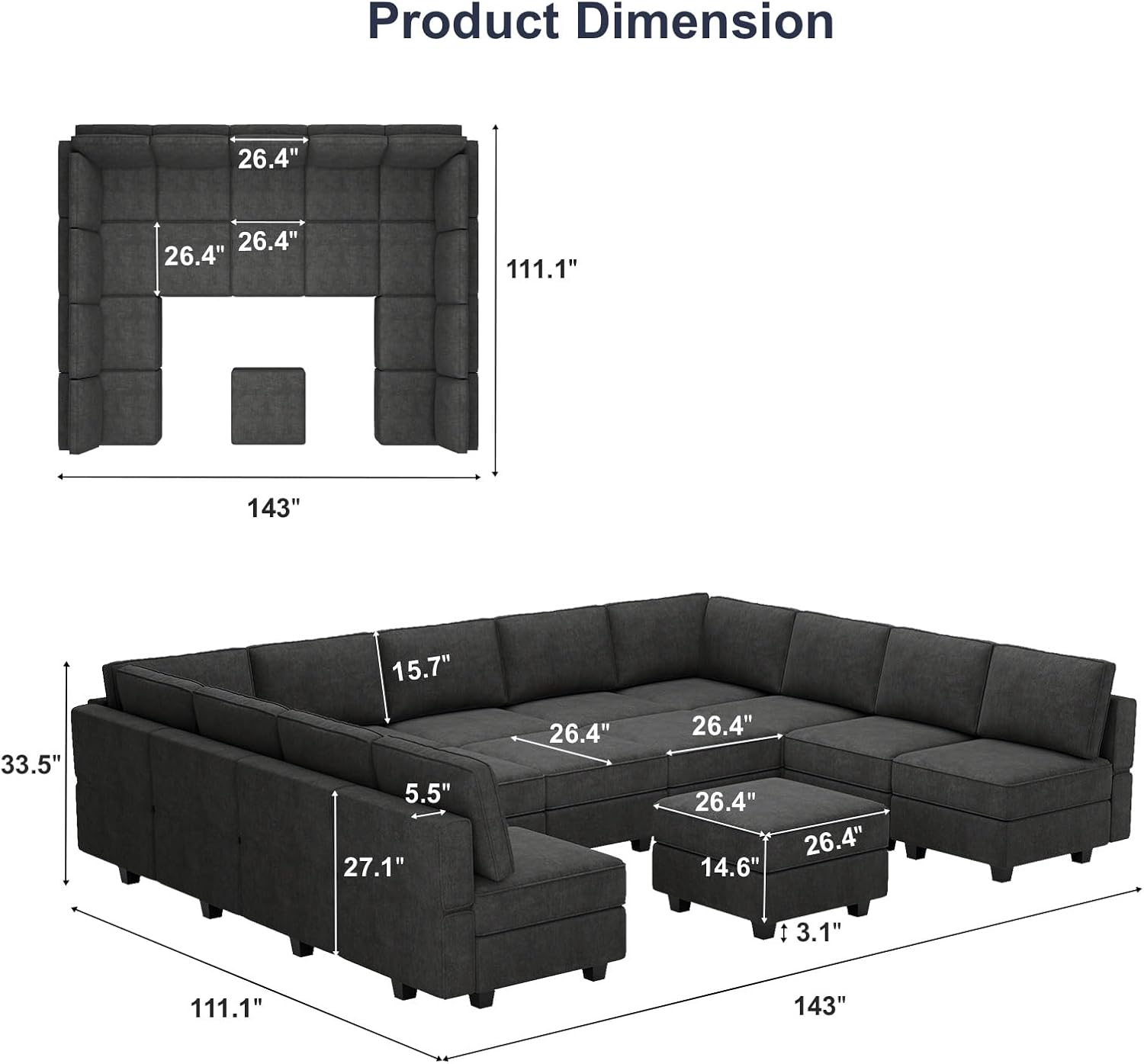 Belffin Modular Sectional Sleeper Sofa Couch Bed Oversized U Shaped Cocuh with Storage Convertible Sleeper Sofa Bed. Black