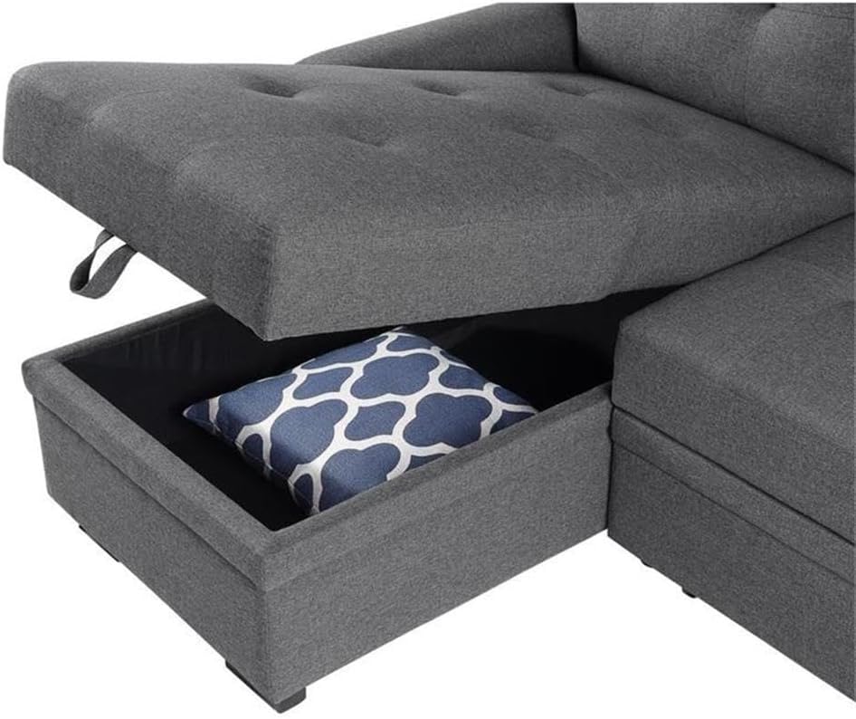 BOWERY HILL Steel Gray Linen Reversible Sectional Sleeper Sofa with Storage, Cotton Blend Upholstery, Pull-Out Bed, Tufted Cushions, Modern Design for Living Room, Small Space Furniture, 3-Seater