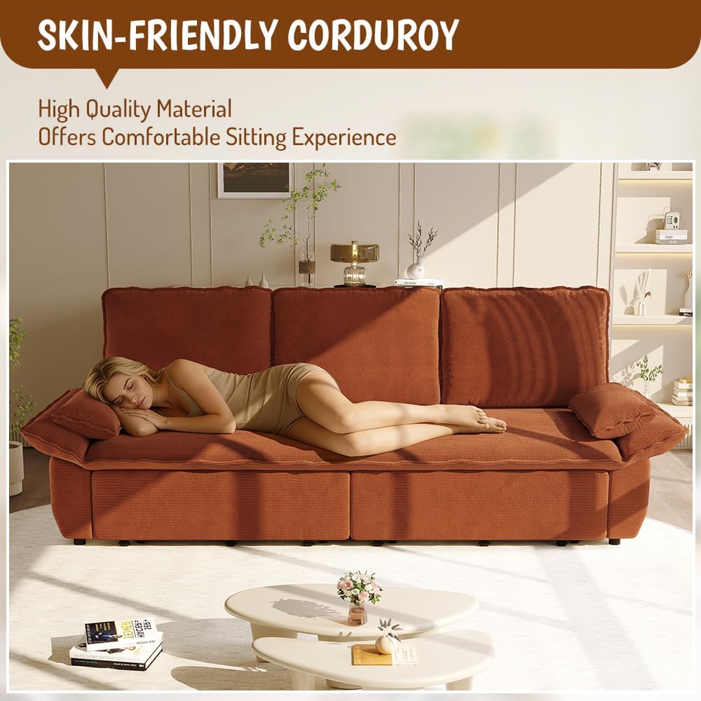 94.5' Pull Out Couch King Size, Futon Sofa Bed, 3-in-1 Convertible Sleeper Sofa Bed with Cushion Armrest, Modern Corduroy Loveseat Couches for Living Room, Small Space, Apartment, Orange