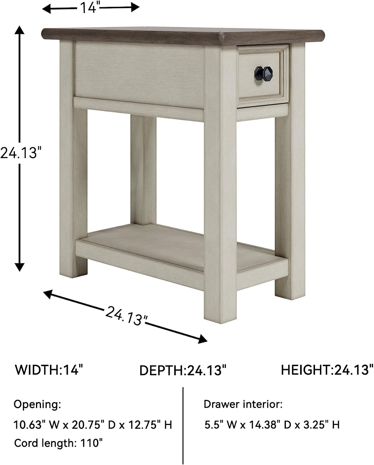 Signature Design by Ashley Bolanburg Chairside End Table With Charging Station, Two-Tone Wood Accent Table With Drawer Storage, Plank Top Design for Living Room or Bedroom, Antique White