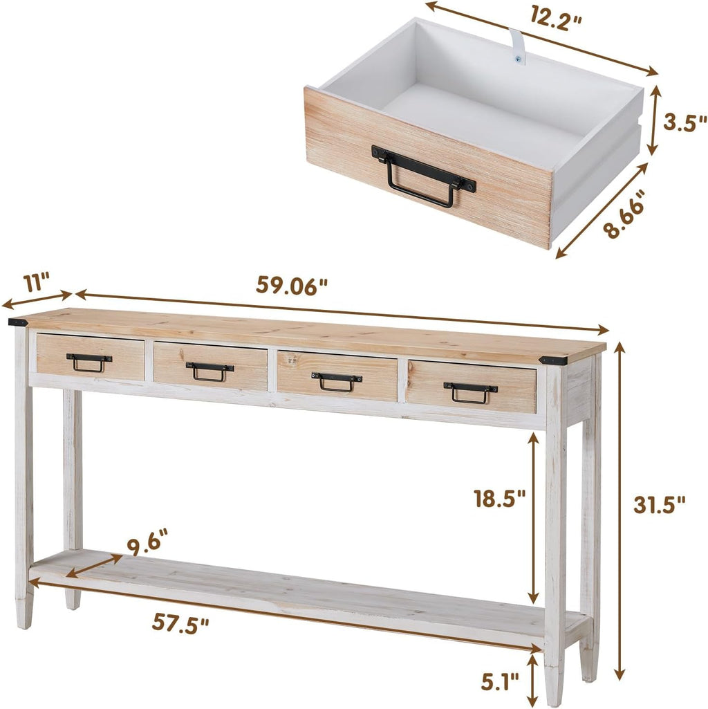 RUSTOWN Farmhouse Console Table with 4 Drawer, 60' Long Rustic Entryway Table with Open Storage Shelves and Handmade Metal Handle, Narrow Foyer Sofa Table for Living Room, Entryway, Hallway(White)