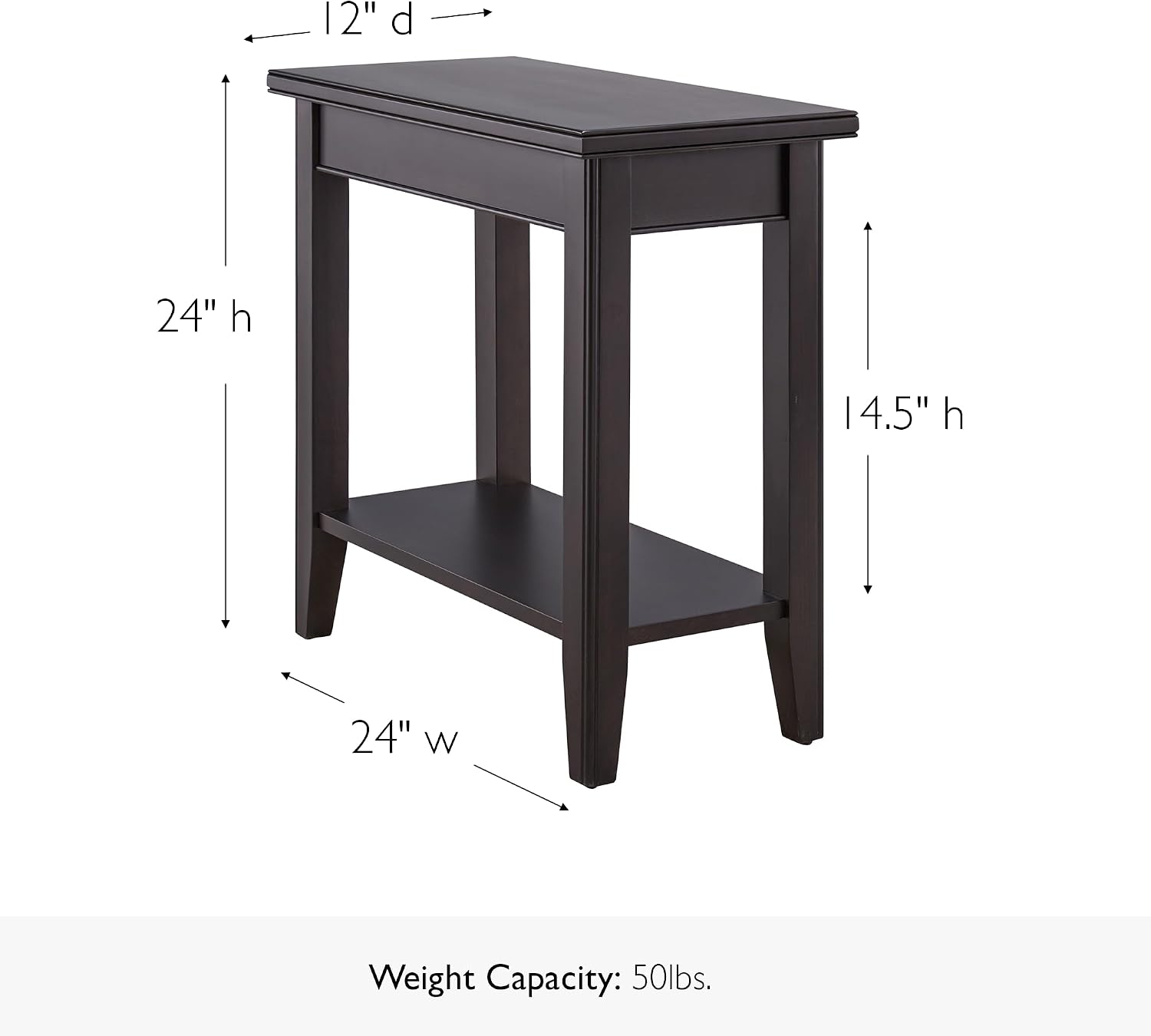 Leick Home Laurent End Table, Solid Wood, Bottom Display Shelf, Narrow, Easy-Assembly, for Living Room/Bedroom, Black, 24.0 in. L x 12.0 in. W x 24.0 in. H, 10505-BK