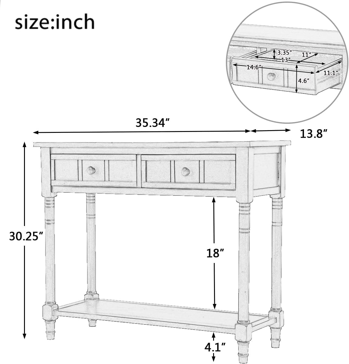 Knocbel Antique Entry Console Table with 2 Drawers & Bottom Open Shelf, Wood Sofa Tables for Entryway Hallway Living Room, 35.34' W x 13.8' D x 30.25' H, Dark Navy