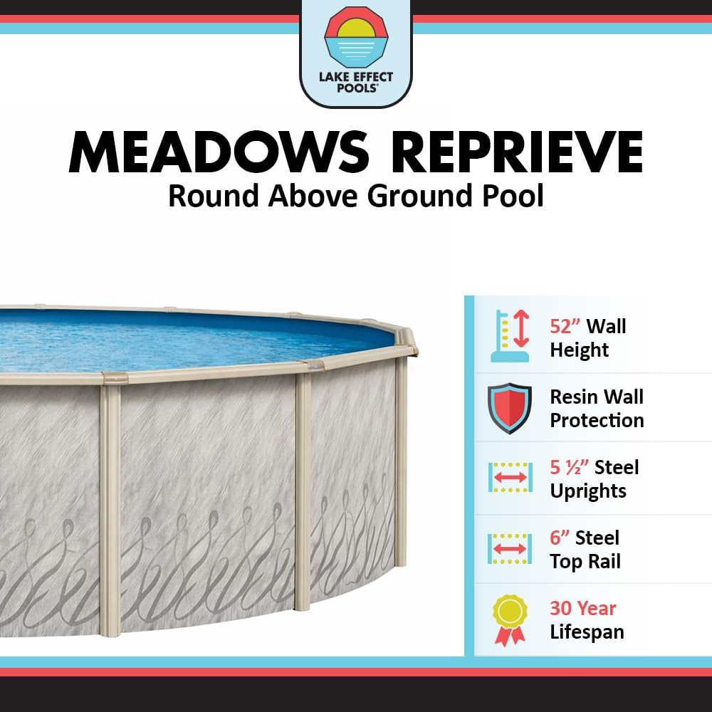 Lake Effect Pools 'Meadows Reprieve' 12 ft Round Above Ground Swimming Pool Bundle | 52 Inch Height | Steel Sided Walls | Kit Includes: 25 Gauge Liner, A-Frame Ladder, Sand Filter/Pump, & Skimmer