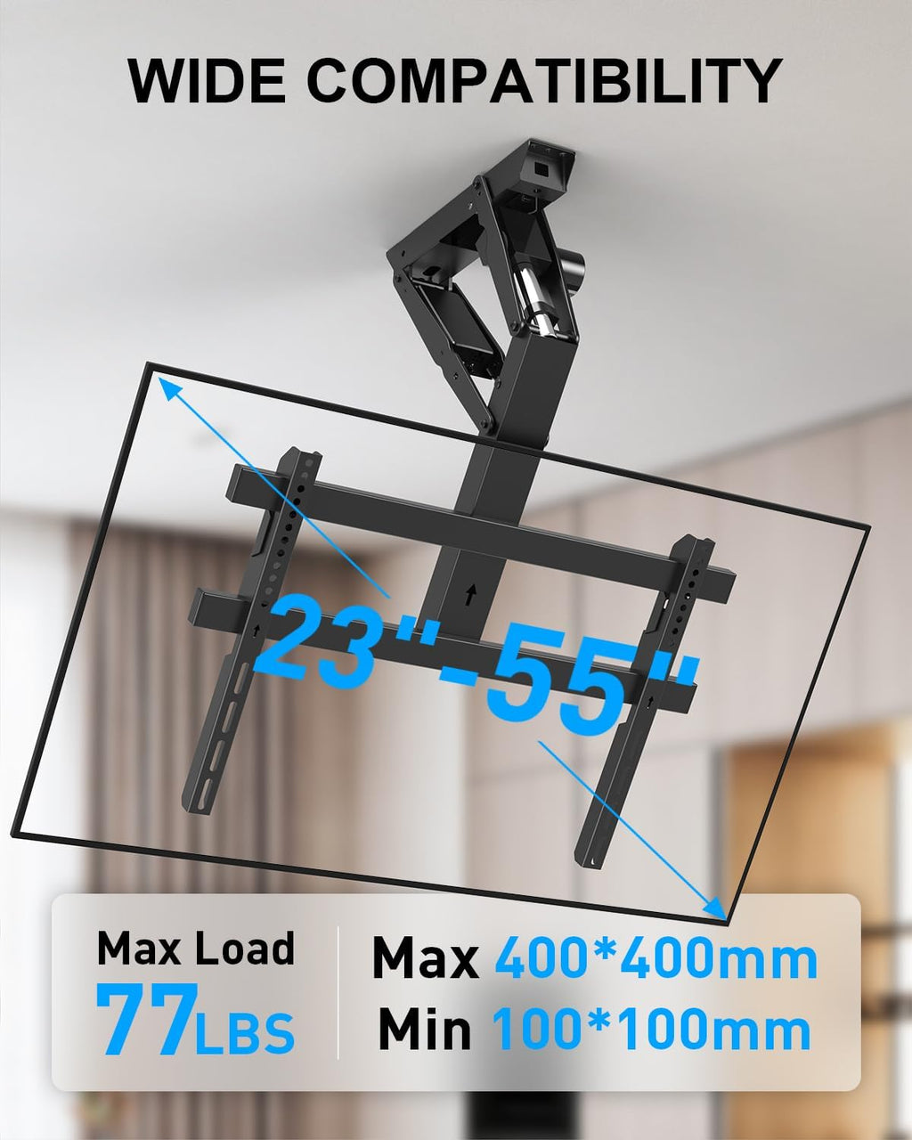 Electric Ceiling TV Mount with Remote for 23-55 inch Flat Curved Screen TVs, Motorized Flip Down Ceiling Mount for Flat and Pitched Roof Indoor Outdoor, Drop Down VESA Mount Bracket, Black