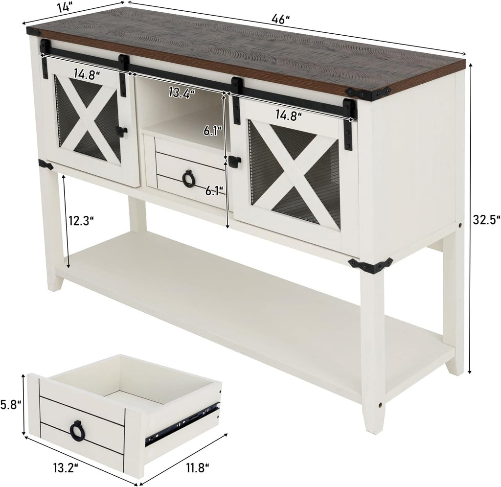Hlivelood Farmhouse Entryway Table with 2 Sliding Barn Doors & Drawer, 46'' Rustic Console Table with Storage, Open Shelf Space, Industrial Sofa Table for Living Room, Entryway, Hallway, Vintage White