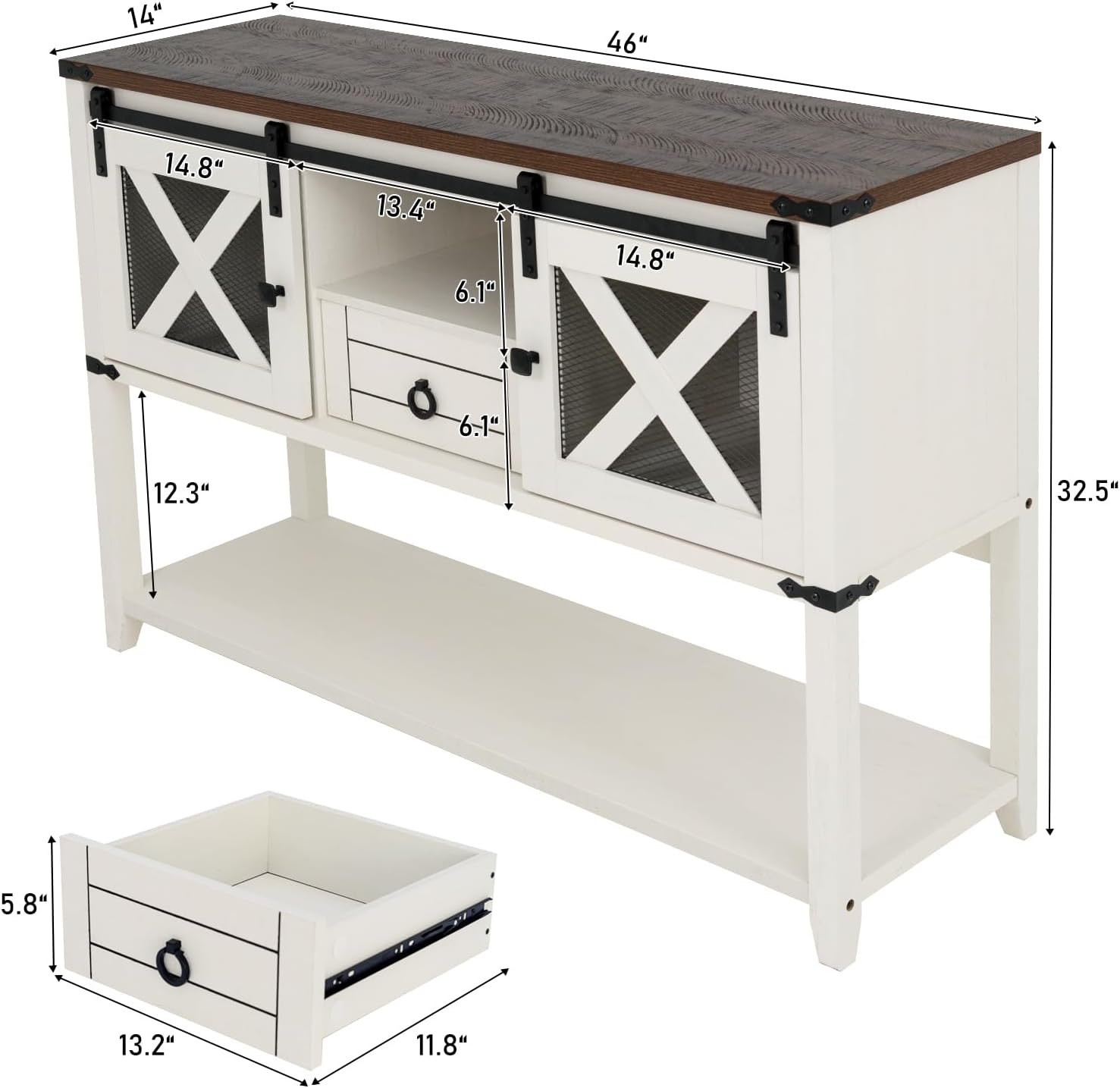 Hlivelood Farmhouse Entryway Table with 2 Sliding Barn Doors & Drawer, 46'' Rustic Console Table with Storage, Open Shelf Space, Industrial Sofa Table for Living Room, Entryway, Hallway, Vintage White