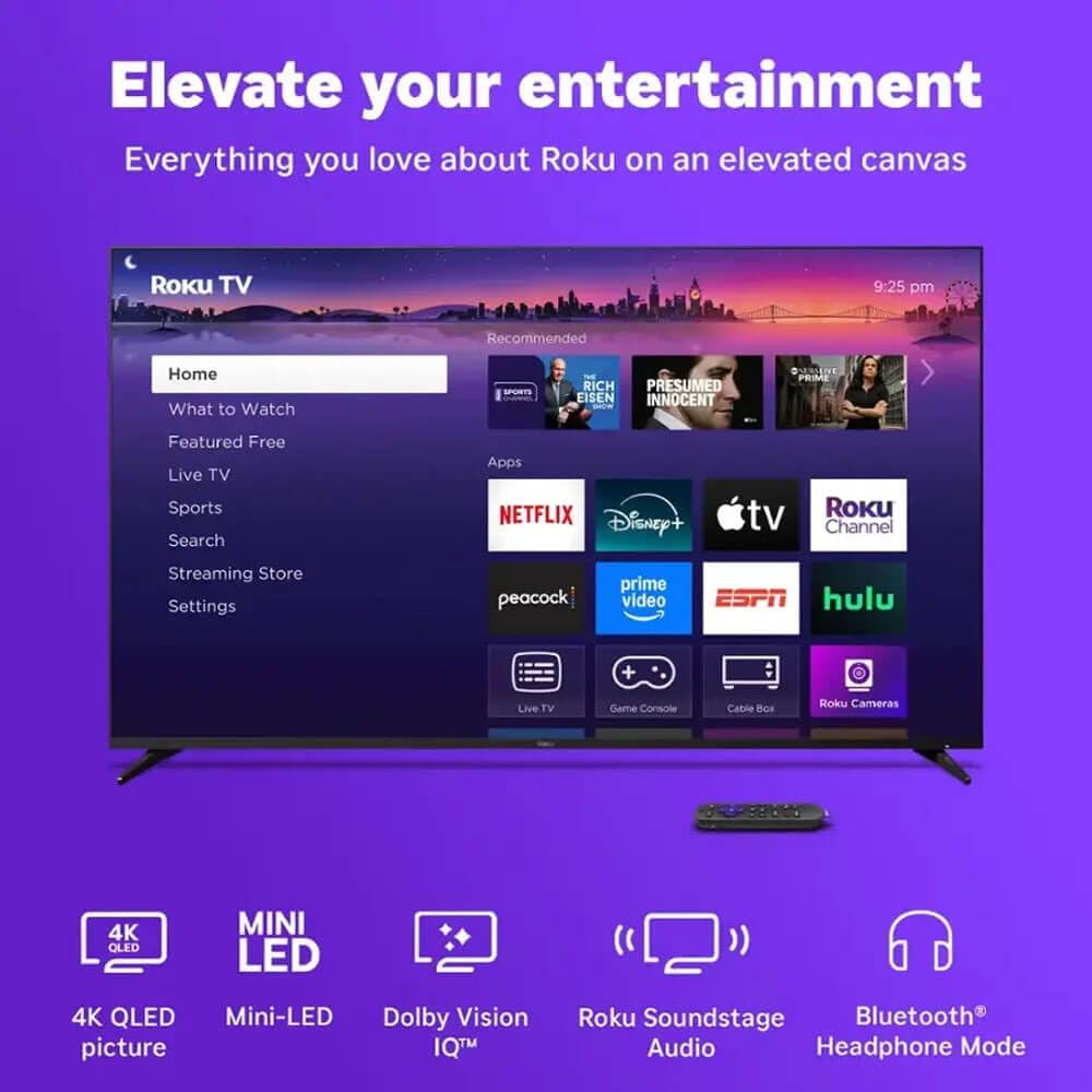 Roku 55 Inch Class Pro Series 4K QLED Mini-LED Smart TV with HDR, Voice Remote, Wi-Fi 6, Dolby Vision, 12 Month CPS Warranty, HDMI Cable and Screen Cleaner for Home Entertainment Streaming (55 inch)