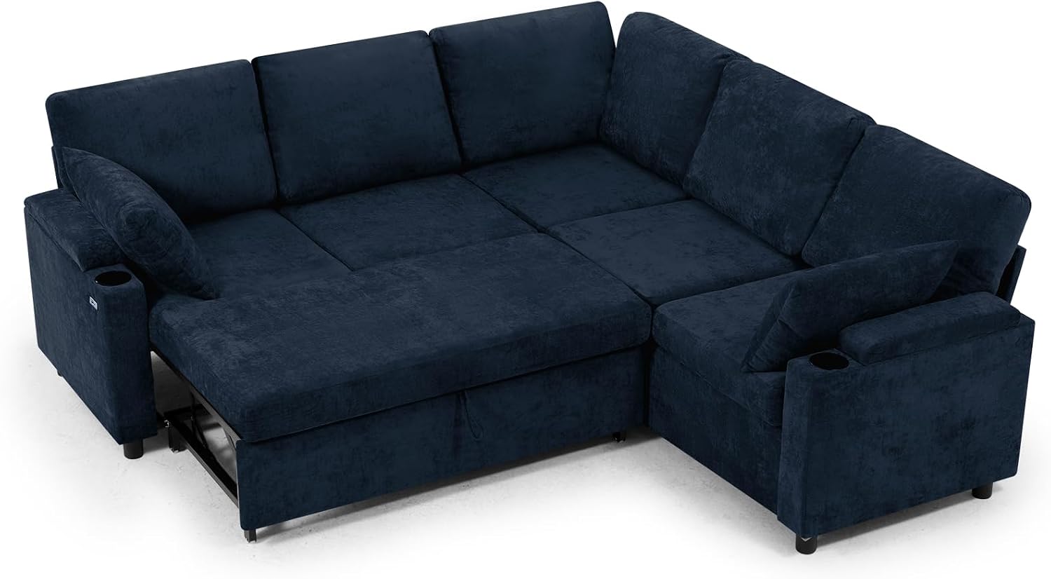 85' Chenille Reversible Sectional Sofa w/Pull-Out Bed, Upholstery L-Shaped Couch w/Storage Armrests & Cup Holders, Modern Corner Sofa w/USB Charging Port & Throw Pillow for Living Room, Blue