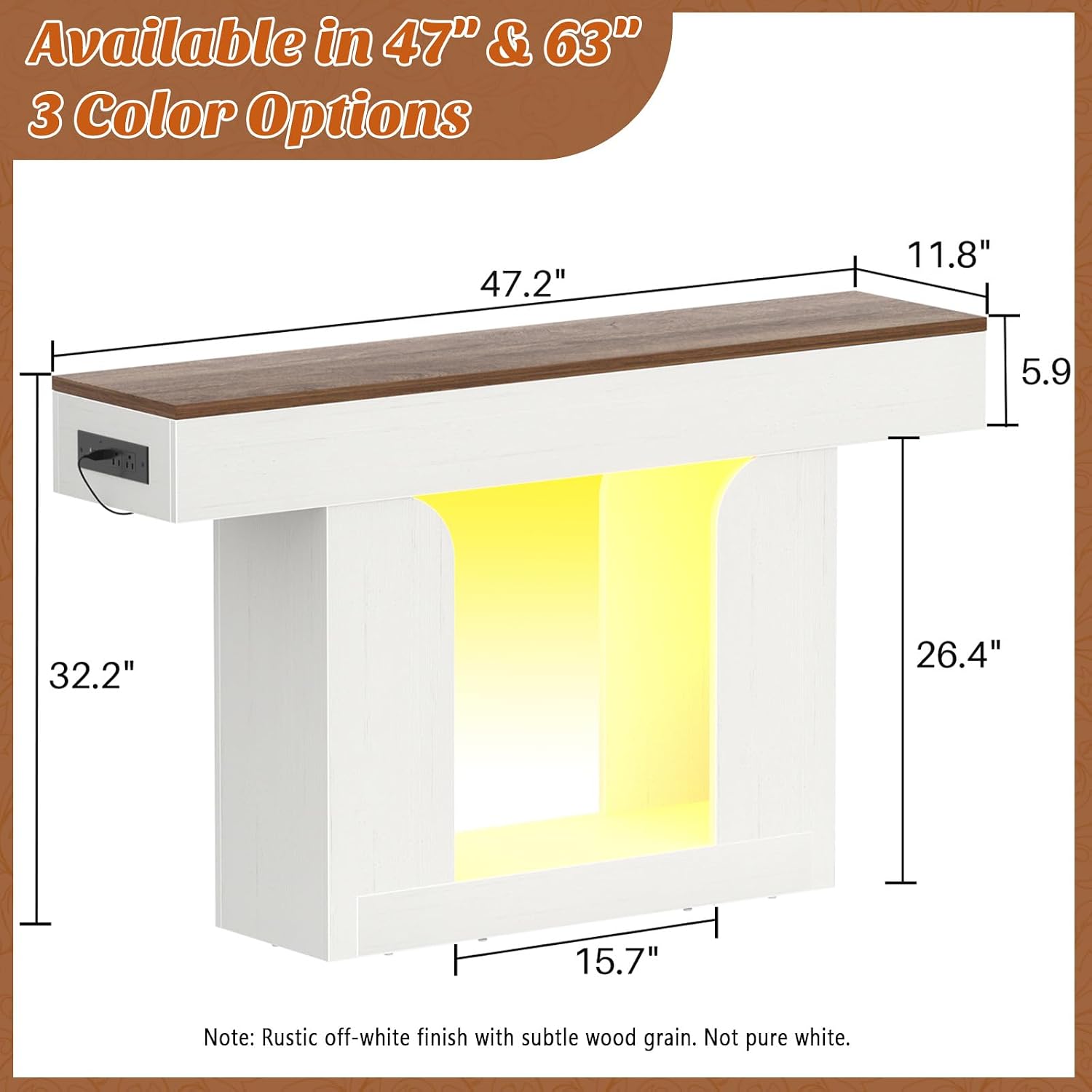 Homieasy Console Table, 47' Entryway Table with LED Lights & Charging Station, Farmhouse Wooden Sofa Table Behind Couch, Narrow Hallway Table for Living Room, Foyer, Entry, Antique White & Brown