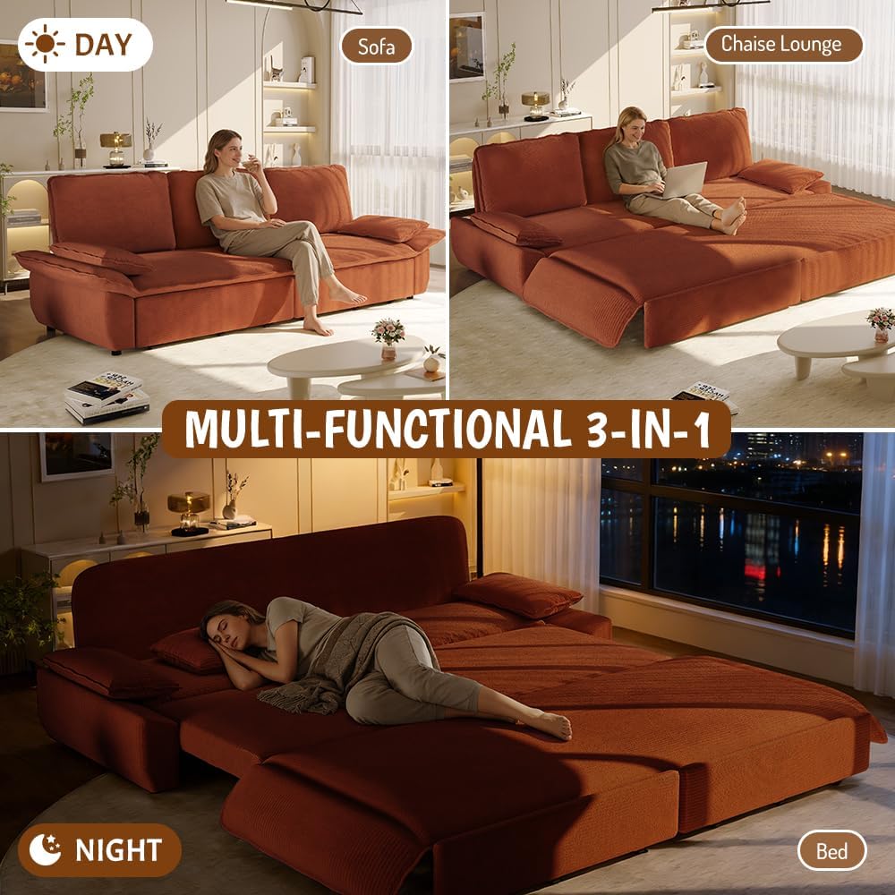 94.5' Pull Out Couch King Size, Futon Sofa Bed, 3-in-1 Convertible Sleeper Sofa Bed with Cushion Armrest, Modern Corduroy Loveseat Couches for Living Room, Small Space, Apartment, Orange