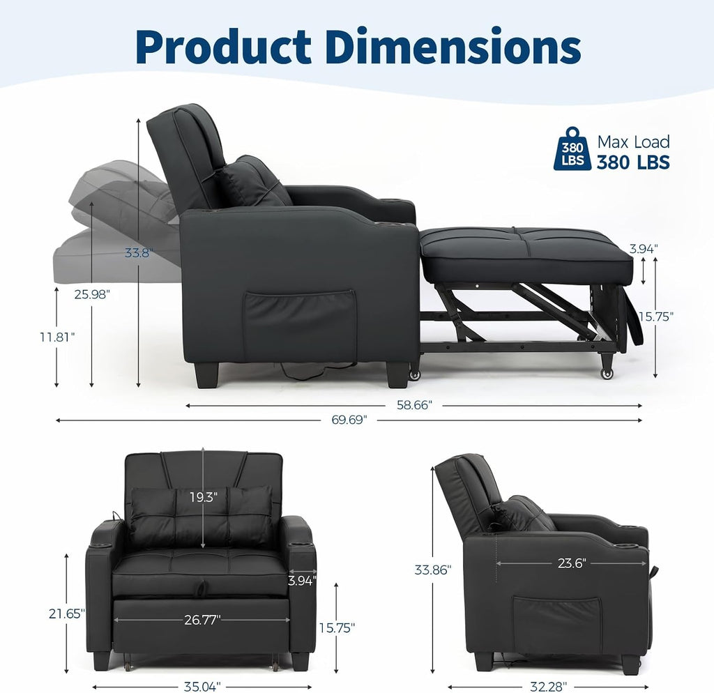 Sleeper Chair Pull Out Bed, 4 in 1 Convertible Sofa Chair Bed with Vibration Massage Lumbar Pillow, Single Sofa Recliner with USB/Type-C Port, Cup Holders and Side Pocket for Small Spaces (Black)