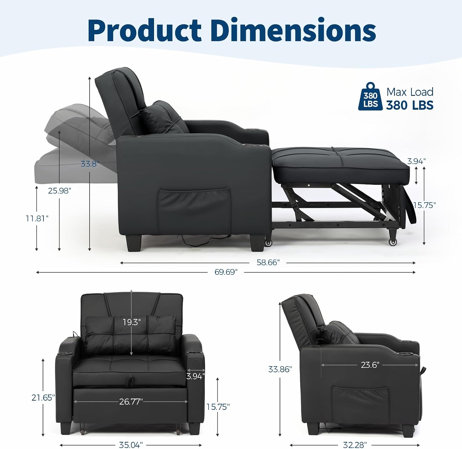 Sleeper Chair Pull Out Bed, 4 in 1 Convertible Sofa Chair Bed with Vibration Massage Lumbar Pillow, Single Sofa Recliner with USB/Type-C Port, Cup Holders and Side Pocket for Small Spaces (Black)