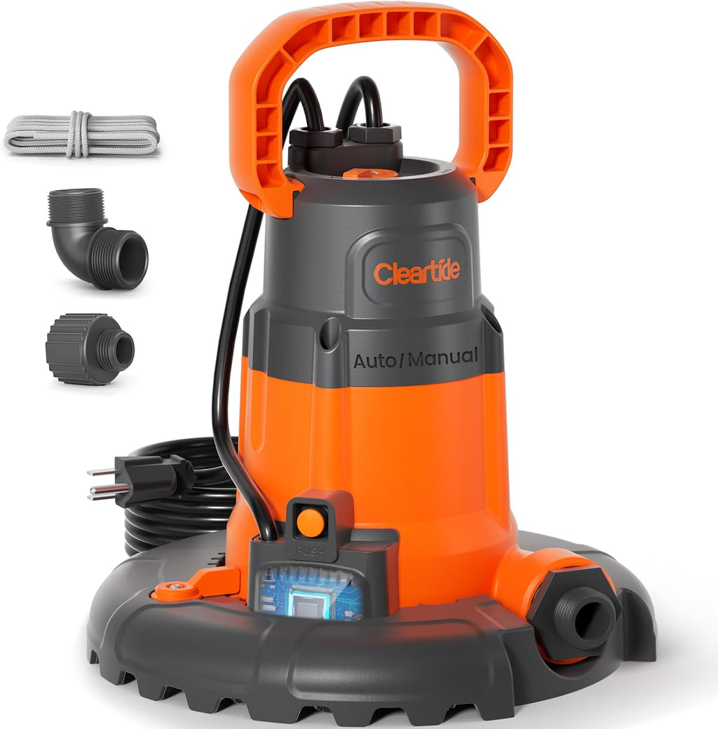 Cleartide Smart Automatic Water Pool Cover Pump,Submersible Pump Removes Water from Inground/Above Ground Winter Swimming Pools, 1/3 HP 2790 GPH, Auto On/Off & Freeze Protection, 25ft Cord, 120V AC