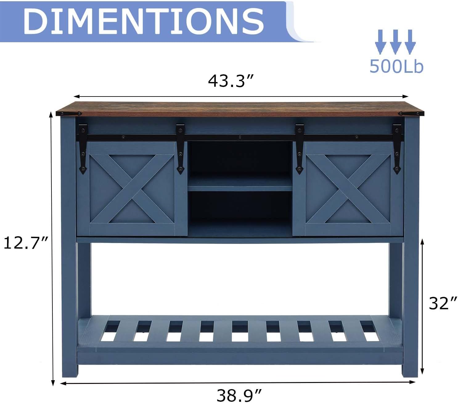 Farmhouse Entryway Table with Sliding Barn Doors, Wood Console Table with Storage Shelf, Rustic Sofa Table for Living Room, Entryway, Foyer, Blue