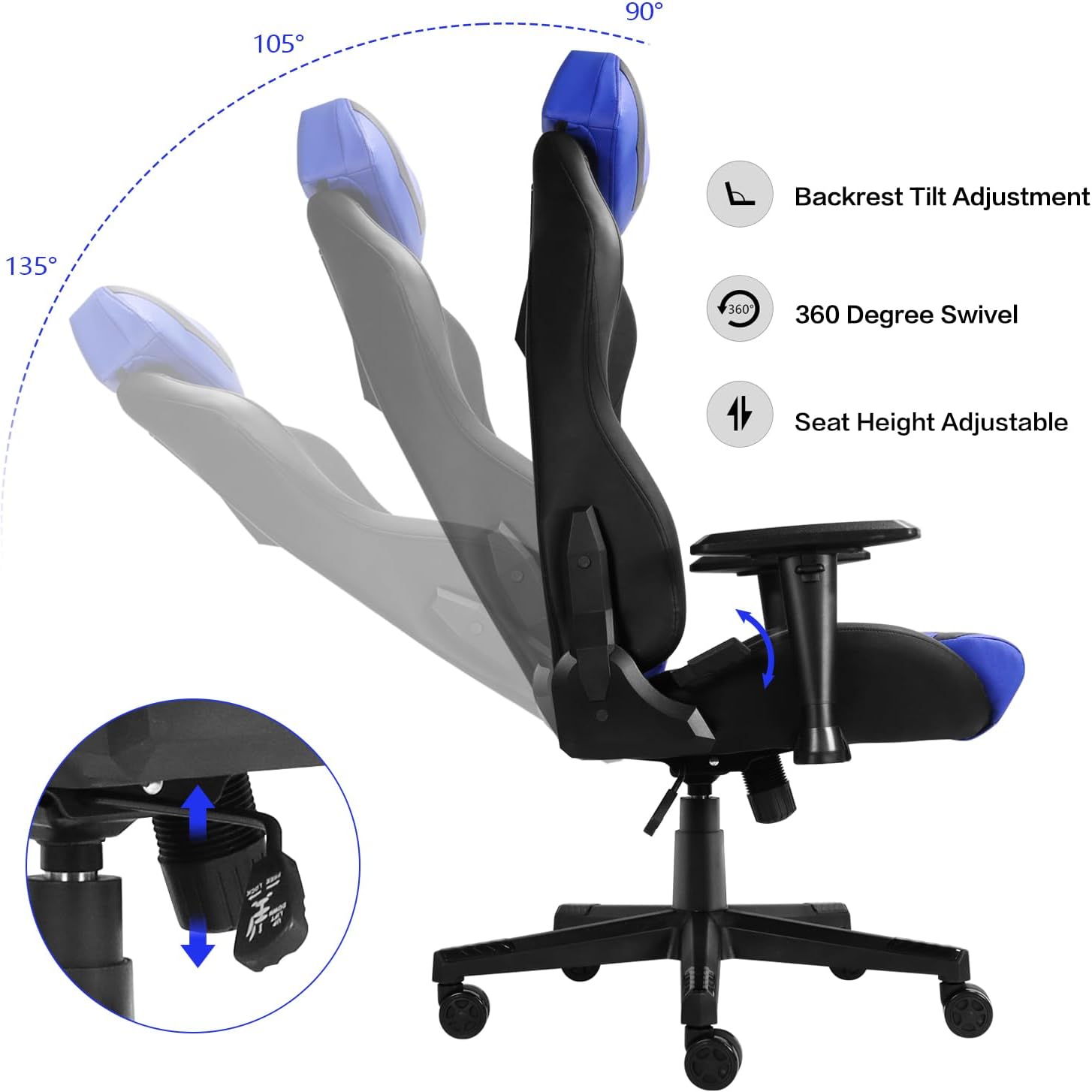 Modern-Depo Video Gaming Chair with 360°-Swivel Seat and Headrest | High-Density Memory Foam Ergonomic Office Chair, Big and Tall Computer Chair for Home, Office, Blue Black