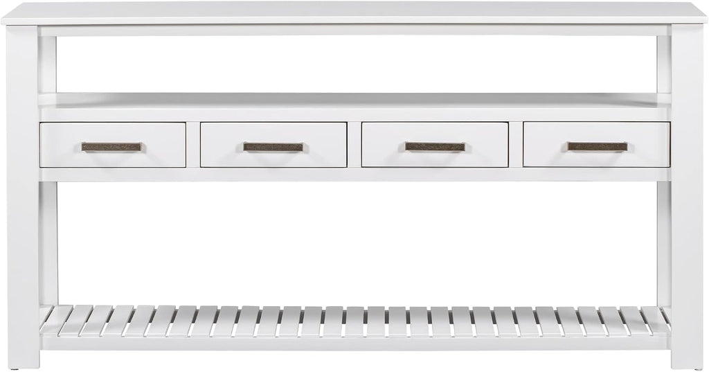 LKTART Console Table for Entryway with 4 Drawers,61.5'' Long Sofa Table with 3-Tier Open Shelves,Entry Table for Hallway,Foyer,Living Room,White