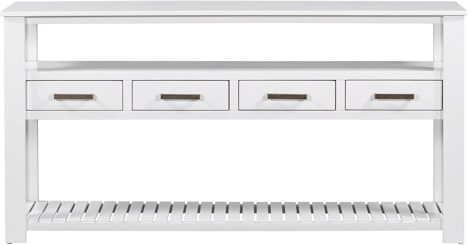 LKTART Console Table for Entryway with 4 Drawers,61.5'' Long Sofa Table with 3-Tier Open Shelves,Entry Table for Hallway,Foyer,Living Room,White