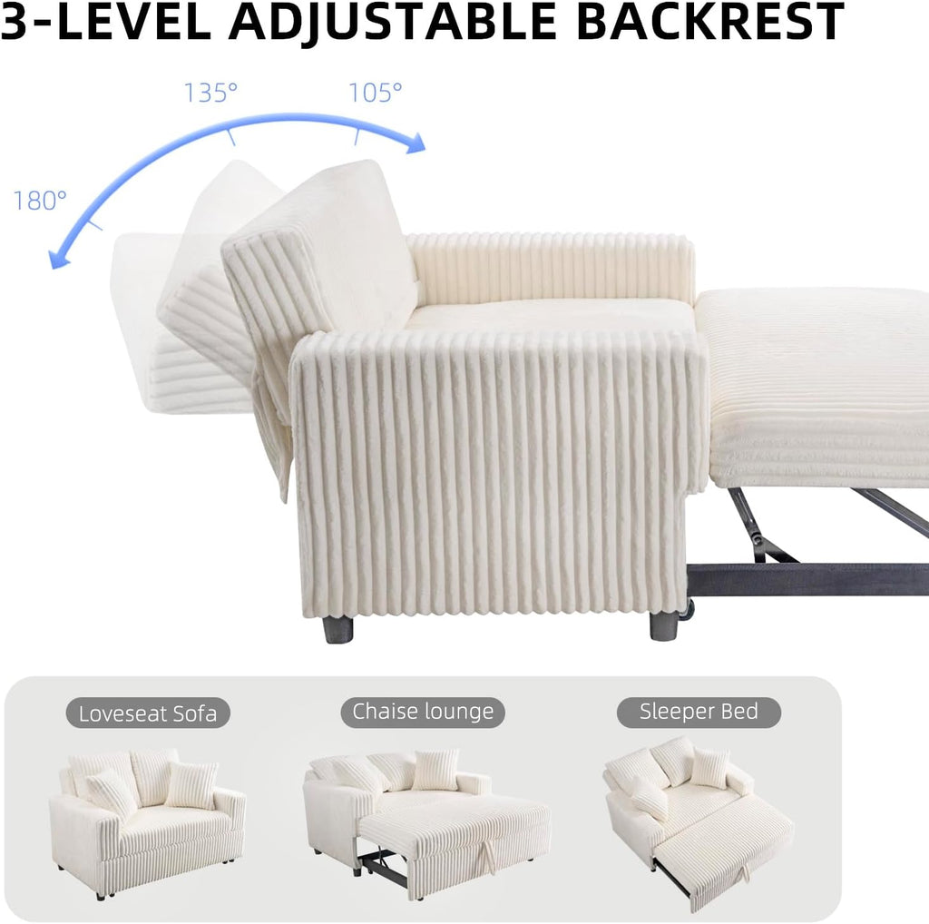 3 in 1 Convertible Sofa Bed，52.8' Pull Out Couch with Side Pockets，Modern Corduroy Fabric Loveseat Sleeper Sofa with Adjustable Backrest for Living Room Bedroom Apartment (Beige Corduroy)