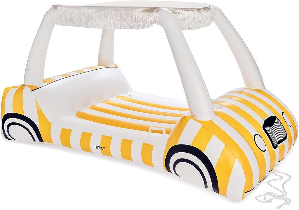 FUNBOY Yellow & White Cabana Striped Golf Cart Pool Float 90' Long, Two Cup Holders, Removable Fringe Shade, Float for Summer Pool Party and Entertainment