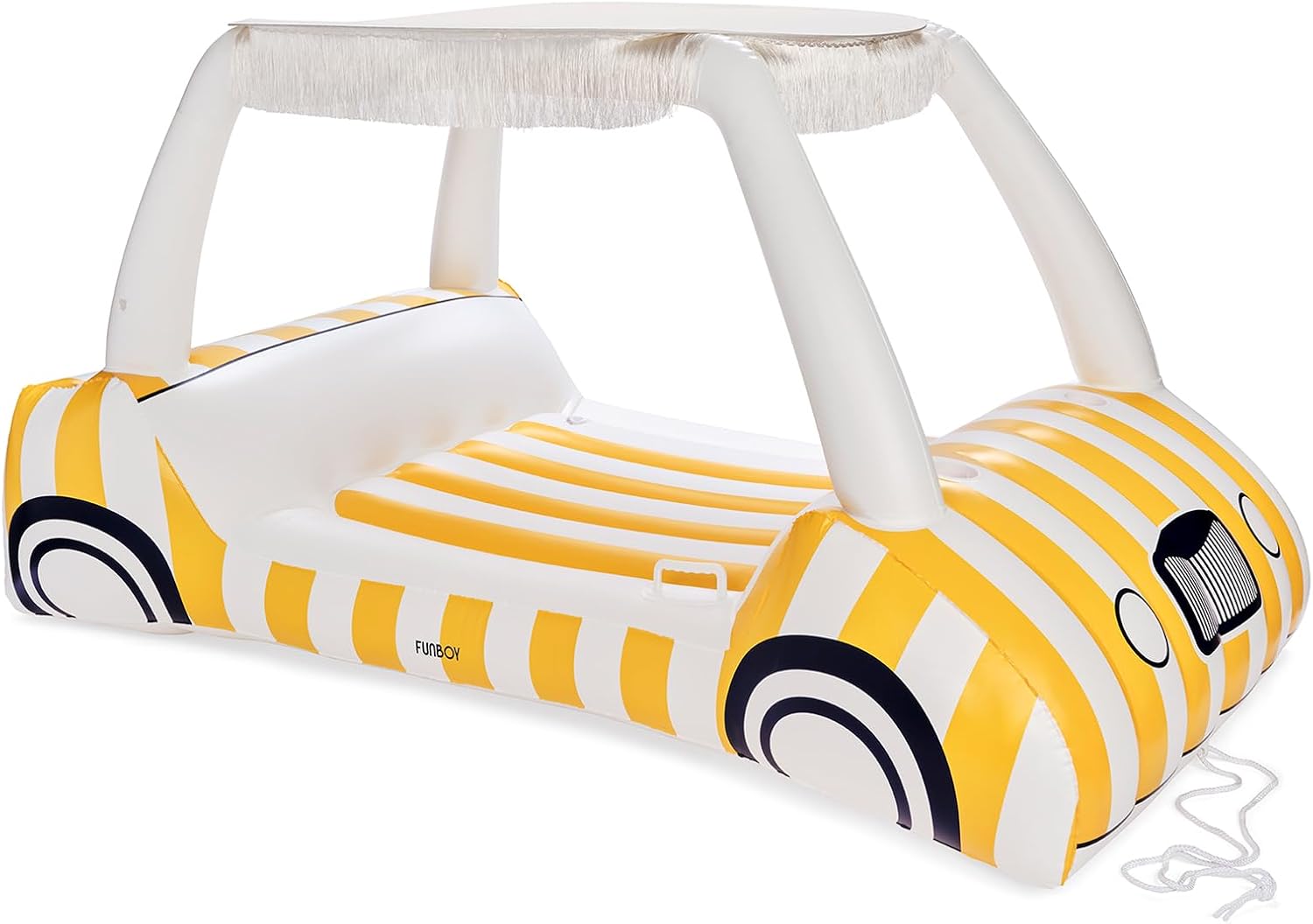 FUNBOY Yellow & White Cabana Striped Golf Cart Pool Float 90' Long, Two Cup Holders, Removable Fringe Shade, Float for Summer Pool Party and Entertainment