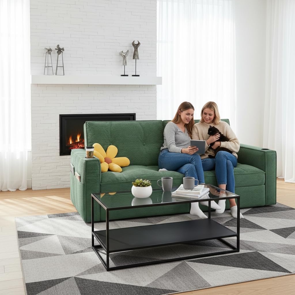 73' Queen Size Sofa Bed, Loveseat Sleeper Sofa with Pull Out Bed, Pockets and USB, Modern 2 Seater Convertible Small Couch for Living Room Bedroom Apartment (Green, Corduroy)
