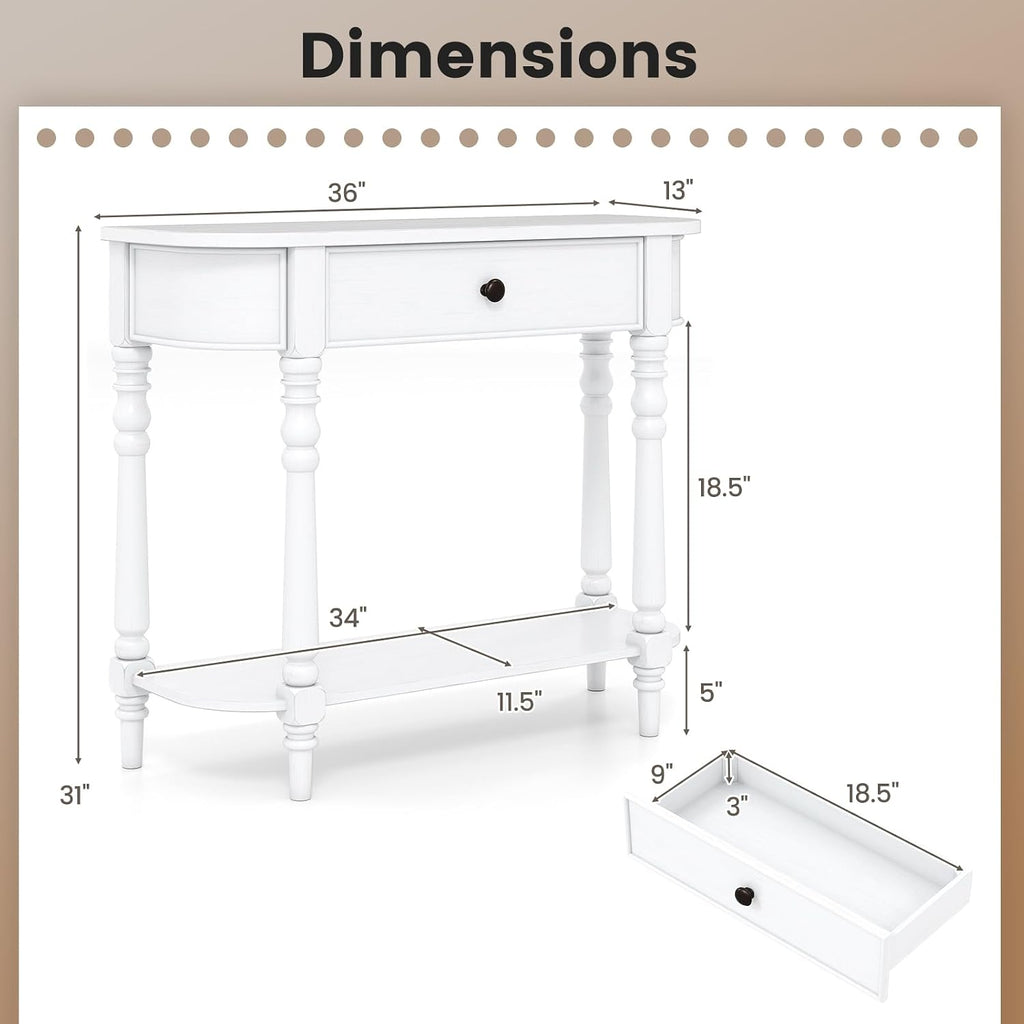 Giantex 2-Tier Narrow Console Table, 36' White Entryway Table with Storage Drawer & Elegant Legs, Wooden Sofa Table with Open Shelf for Living Room, Foyer, Hallway, Bedroom, Entrance