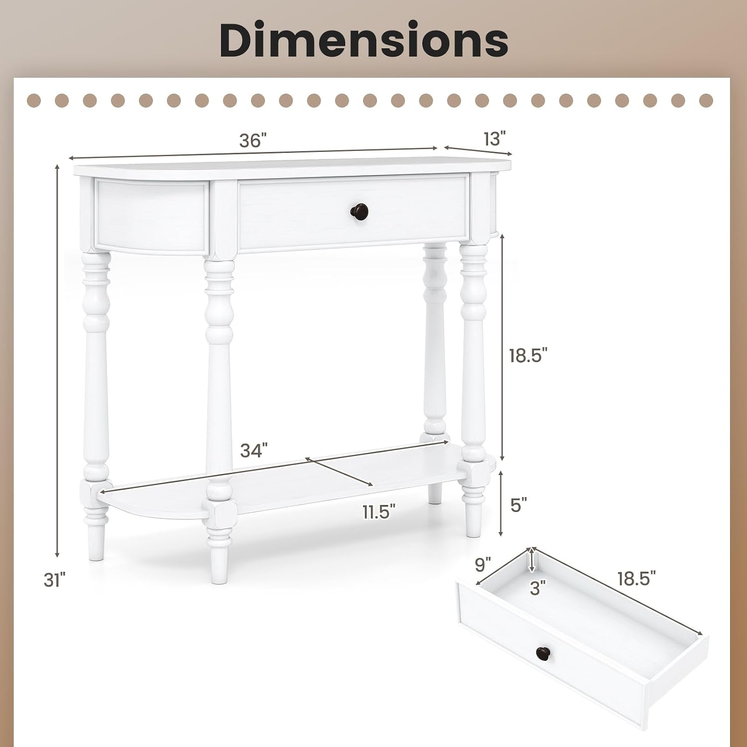 Giantex 2-Tier Narrow Console Table, 36' White Entryway Table with Storage Drawer & Elegant Legs, Wooden Sofa Table with Open Shelf for Living Room, Foyer, Hallway, Bedroom, Entrance