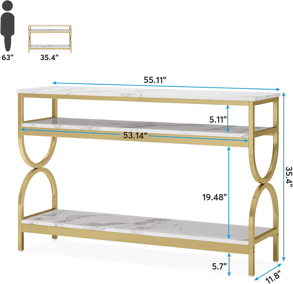 Tribesigns 3-Tier Console Table, 55 inch Sofa Table with Open Storage Shelves, Narrow Long Hallway/Entryway Table with Faux Marble Top for Home Living Room Entryway, White & Gold