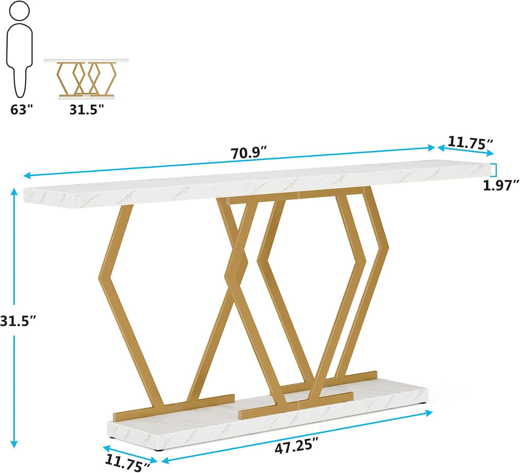 Tribesigns 70.9 Inch Extra Long Sofa Table， White and Gold Console Table with Faux Marble Tabletop, Modern Long Entryway Table with Gold Frame