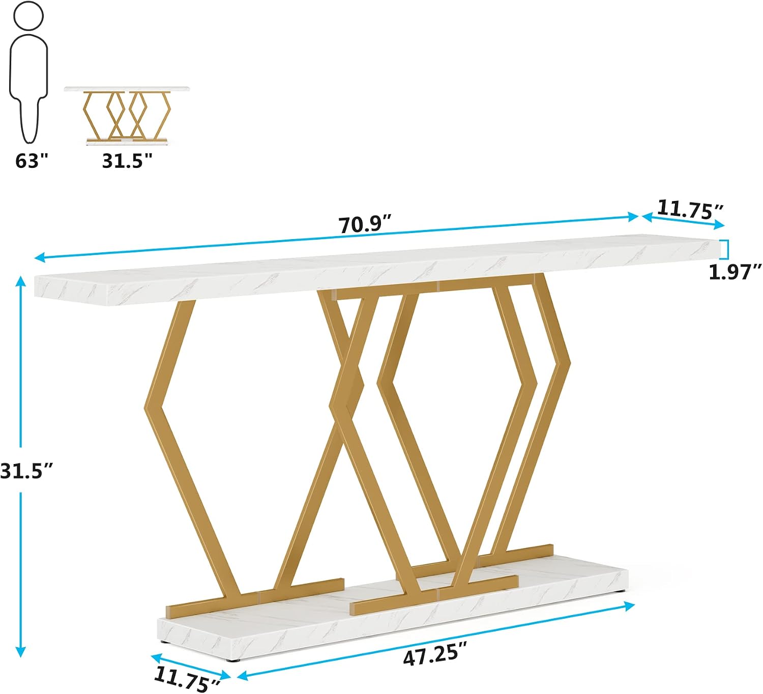 Tribesigns 70.9 Inch Extra Long Sofa Table， White and Gold Console Table with Faux Marble Tabletop, Modern Long Entryway Table with Gold Frame