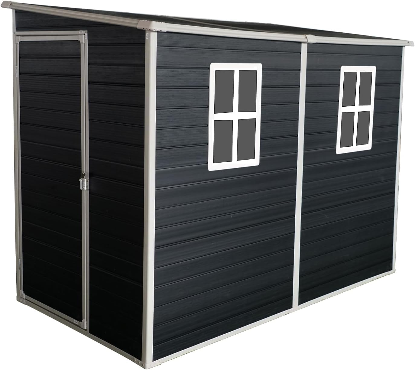 KUIKUI 8x4 FT Shed with Floor Included, Storage Sheds Plastic Sheds, Lean to Shedwith 2 Windows and Lockable Door, Backyard Storage Sheds for Garden Tools, Bike, Black