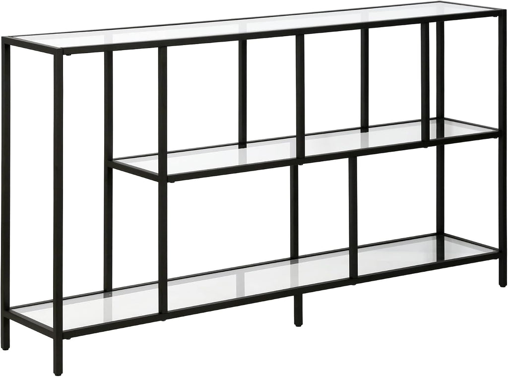 Henn&Hart 52' Wide Rectangular Console Table with Glass Shelves in Blackened Bronze, for Home Office, Living Room