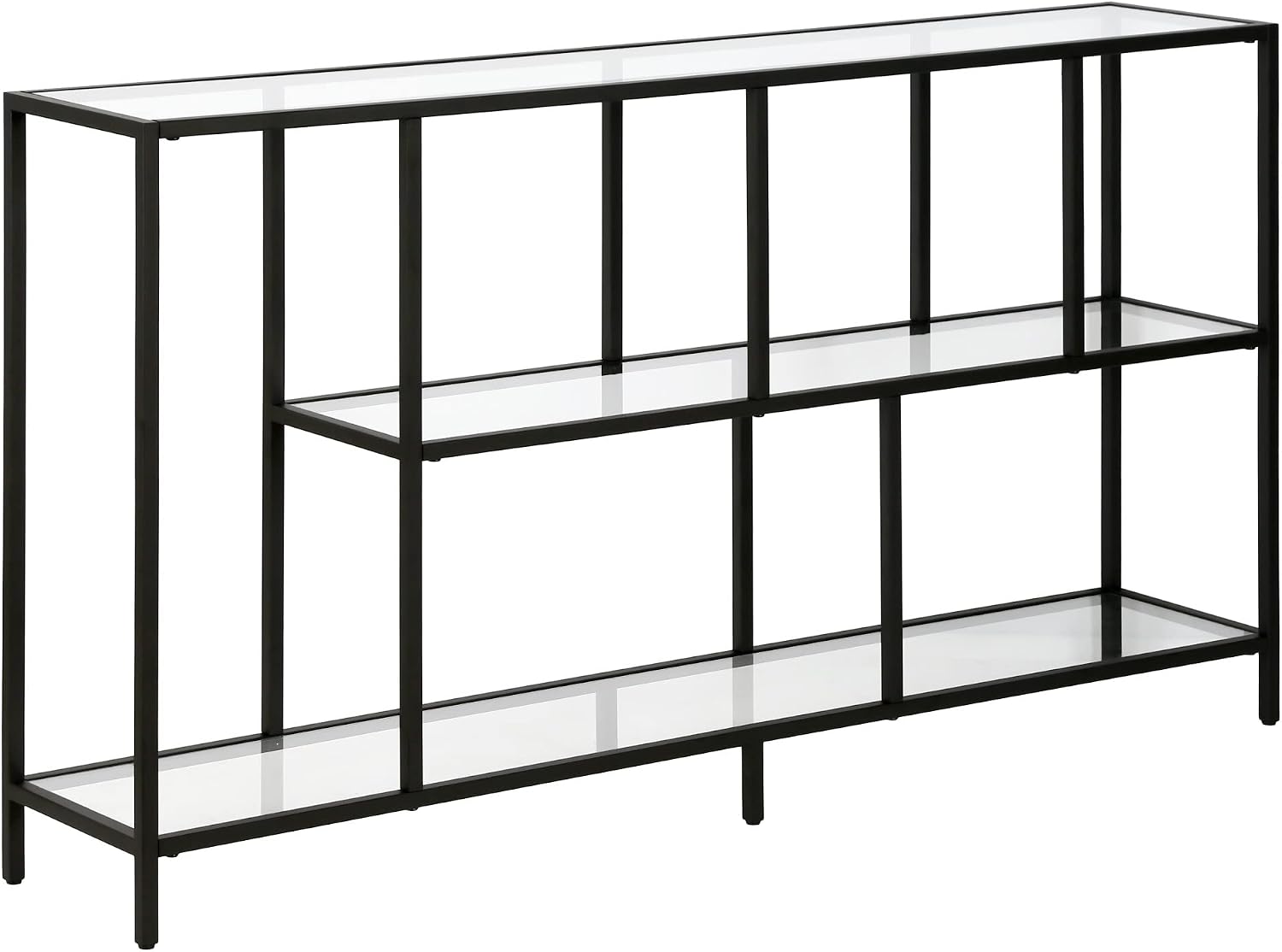 Henn&Hart 52' Wide Rectangular Console Table with Glass Shelves in Blackened Bronze, for Home Office, Living Room