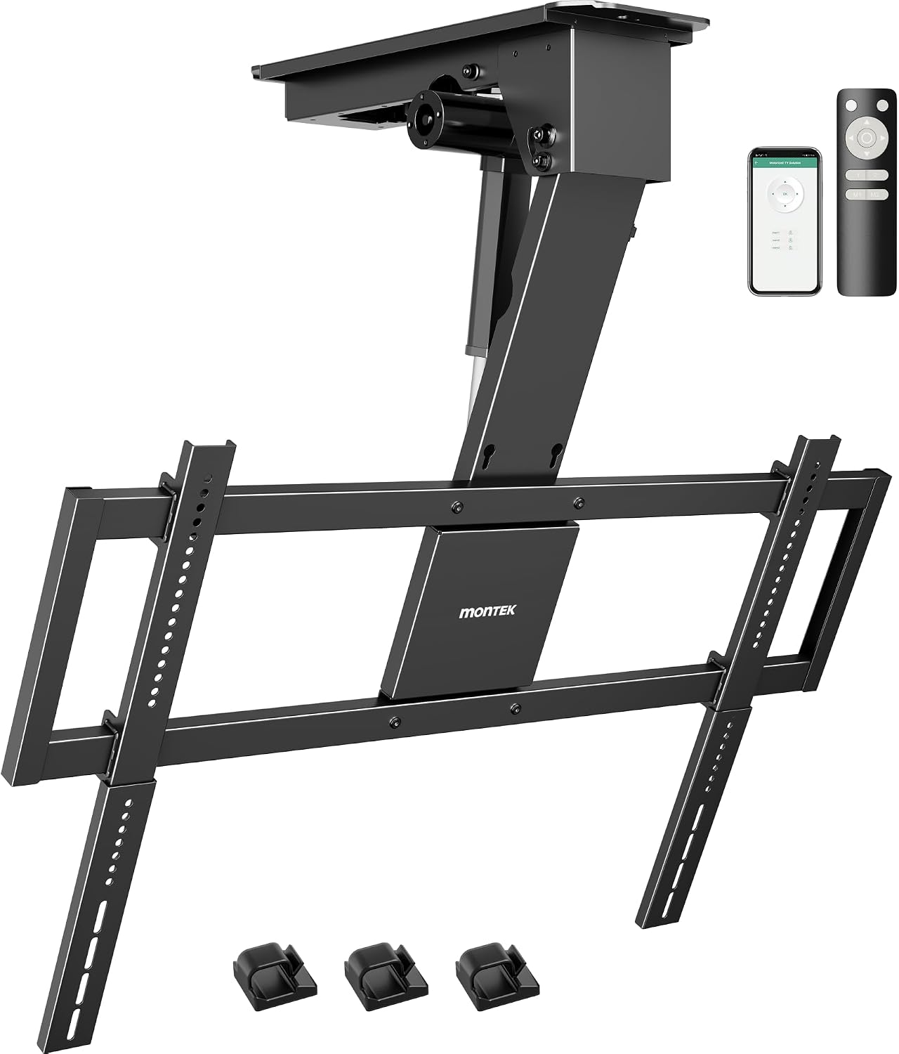 monTEK Motorized Ceiling TV Mount for 32-75 Inch TVs up to 121lbs, Heavy-Duty Electric Flip Down Ceiling Mount, Off-Center TV Compatible, Remote/App/Voice Control, Fits Flat & Pitched Roof