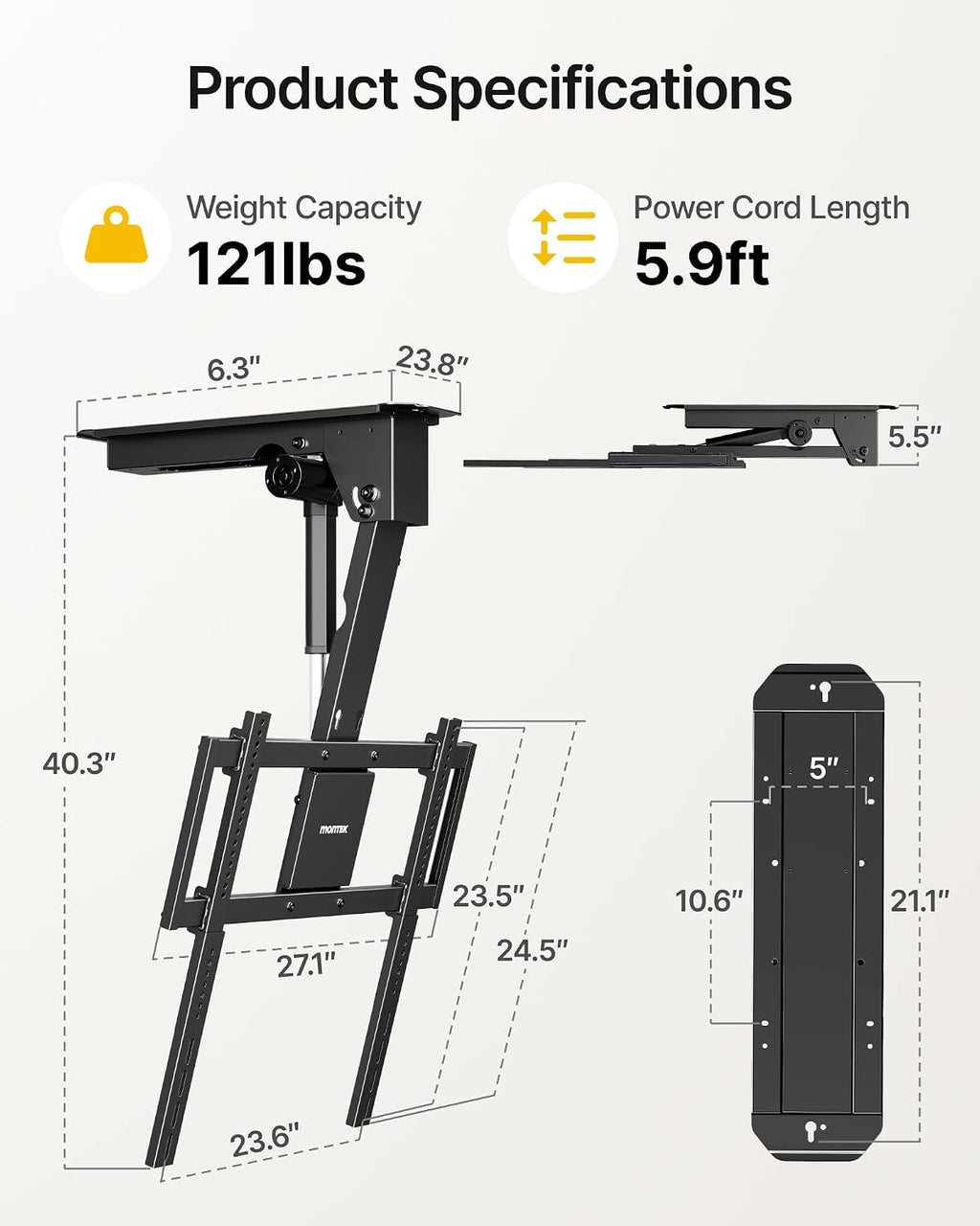 monTEK Motorized Ceiling TV Mount for 32-75 Inch TVs up to 121lbs, Heavy-Duty Electric Flip Down Ceiling Mount, Off-Center TV Compatible, Remote/App/Voice Control, Fits Flat & Pitched Roof