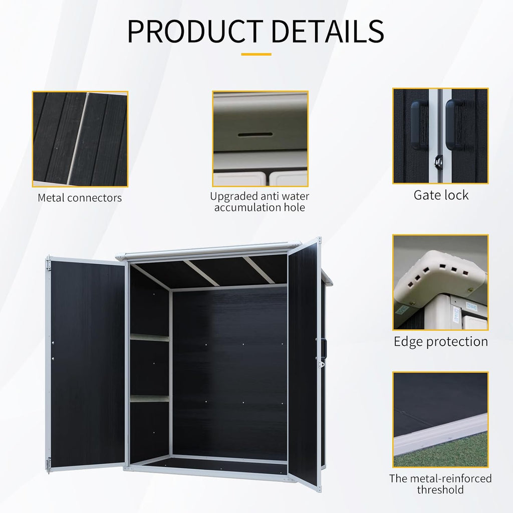 5x3 Resin Outdoor Storage Shed with Floor, Vertical Plastic Storage Cabinet with Lockable Doors, All-Weather Garden Tool Shed for Bikes and Patio Furniture (Black)