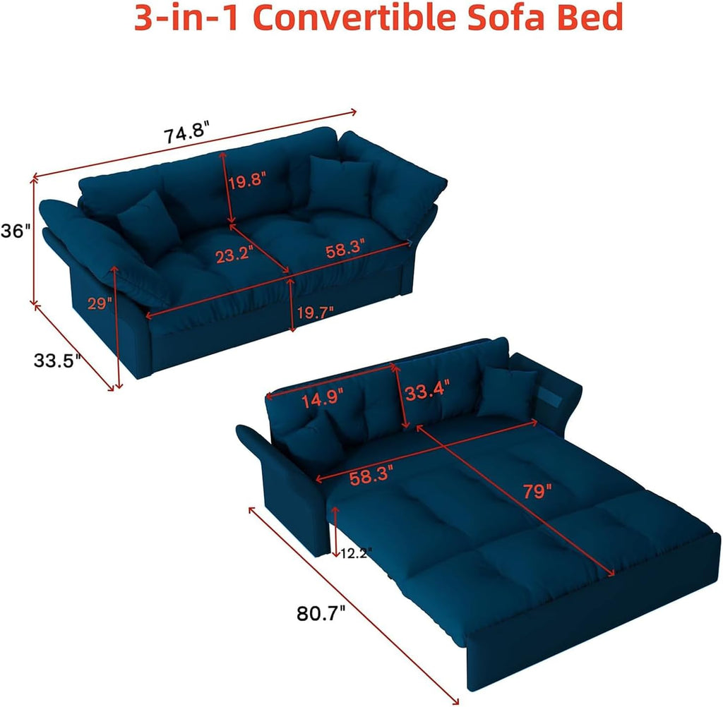 74.8' Queen Pull Out Sofa Bed, 3-in-1 Convertible Sleeper Sofa Bed, Velvet Small Loveseat for Small Spaces, Comfy Cloud Pullout Couches, Multi-Functional Couches for Living Room, Bedroom, Lounge(Blue)