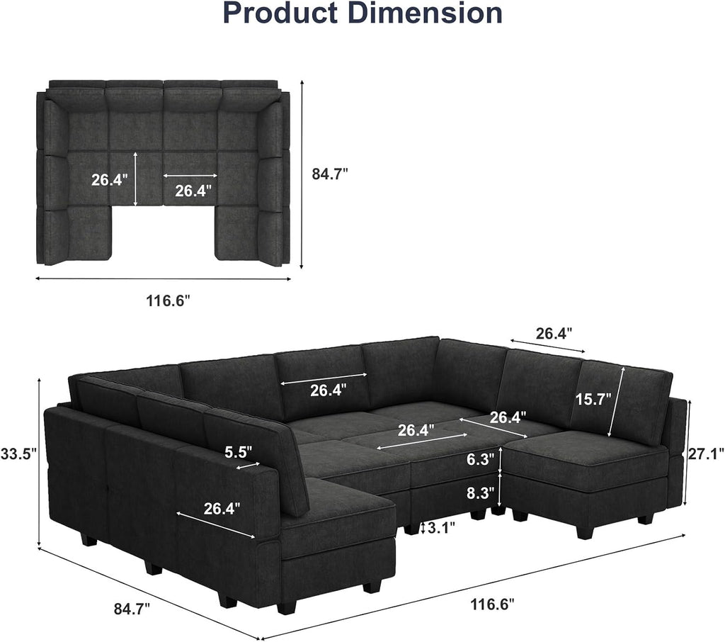 Belffin Oversized U Shaped Sofa Modular Sectional Couch Sleeper Sofa with Storage Convertible Sofa Set Large Sectional Sleeper Black